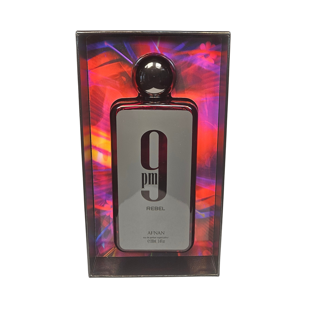 Afnan 9 PM Rebel original bottle and packaging