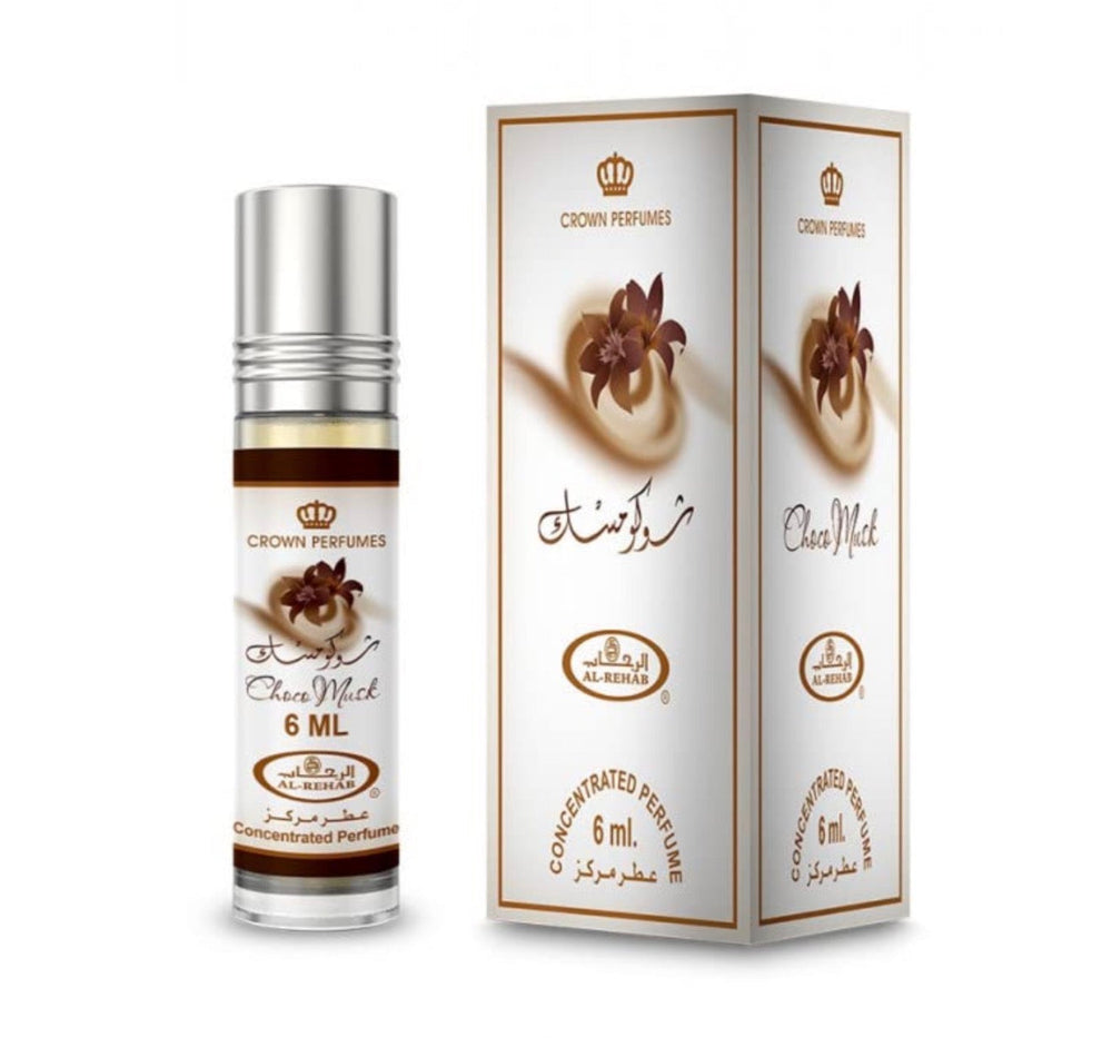 Al Rehab Choco Musk 6ml roll-on bottle and box; sold as a pack of 12