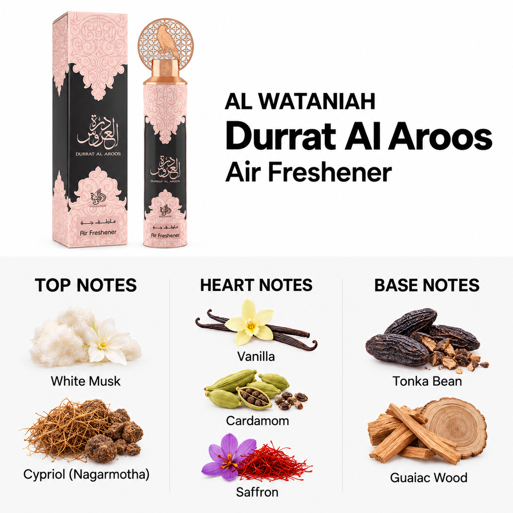 Al Wataniah Durrat Al Aroos Air Freshener — top, heart and base fragrance notes