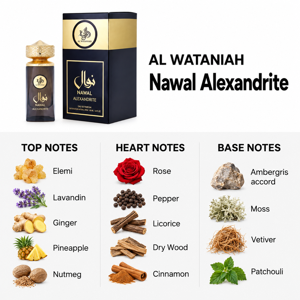 Al Wataniah Nawal Alexandrite 100ml — top, heart and base fragrance notes
