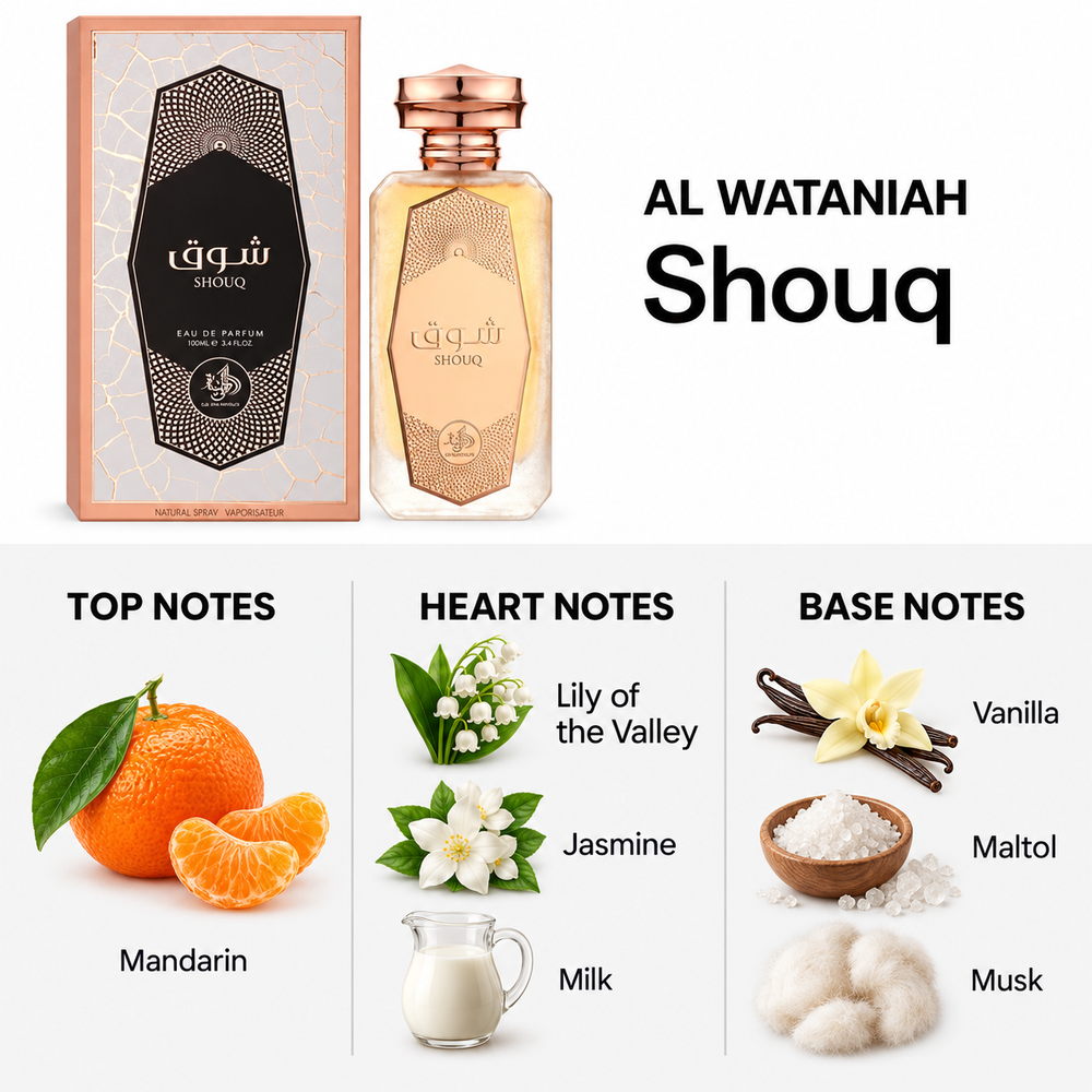 Al Wataniah Shouq 100ml — top, heart and base fragrance notes