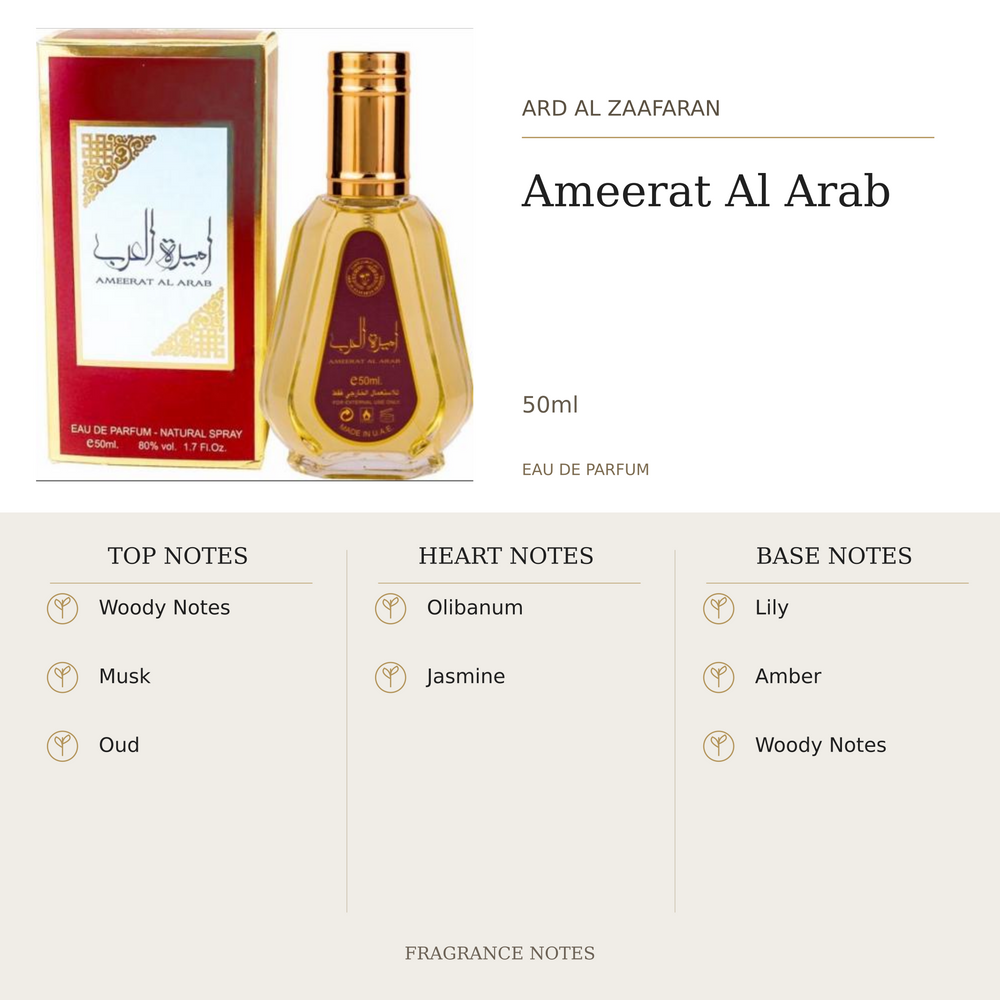 Ard Al Zaafaran Ameerat Al Arab 50ml fragrance notes. Top: Woody Notes, Musk, Oud. Heart: Olibanum, Jasmine. Base: Lily, Amber, Woody Notes.