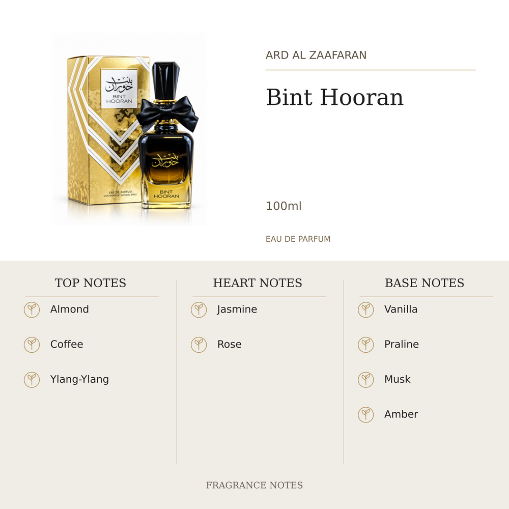 Ard Al Zaafaran Bint Hooran 100ml fragrance notes. Top: Almond, Coffee, Ylang-Ylang. Heart: Jasmine, Rose. Base: Vanilla, Praline, Musk, Amber.