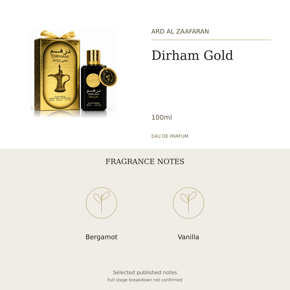 Ard Al Zaafaran Dirham Gold 100ml. Selected published fragrance notes: Bergamot, Vanilla. Full stage breakdown not confirmed.
