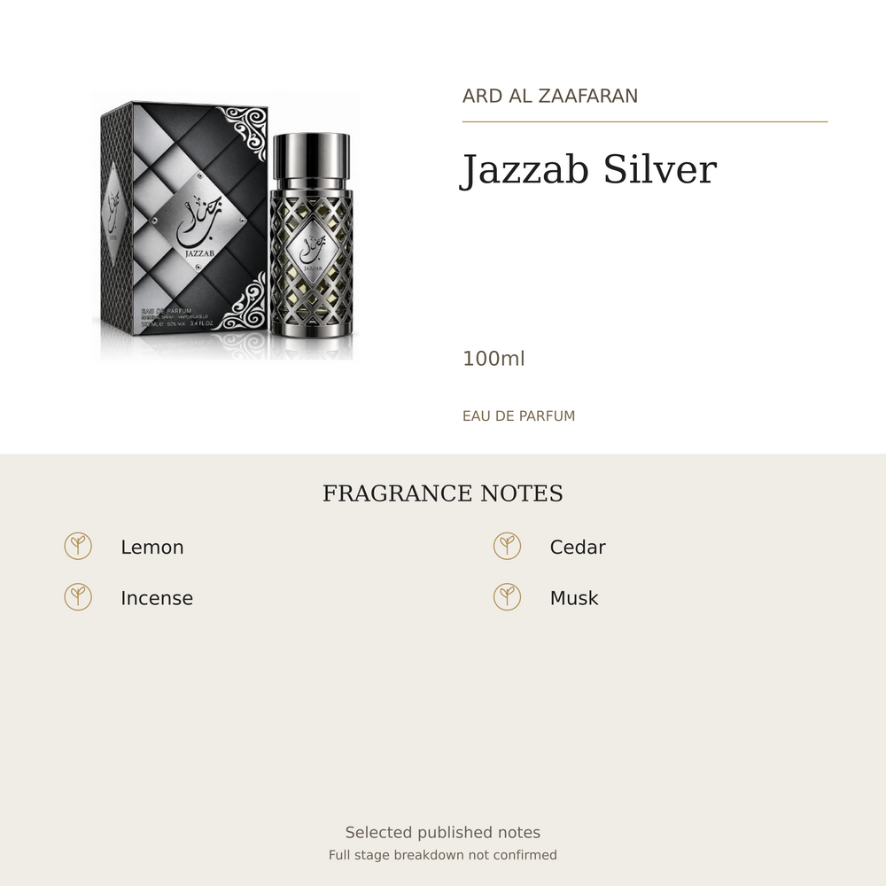 Ard Al Zaafaran Jazzab Silver 100ml. Selected published fragrance notes: Lemon, Incense, Cedar, Musk. Full stage breakdown not confirmed.