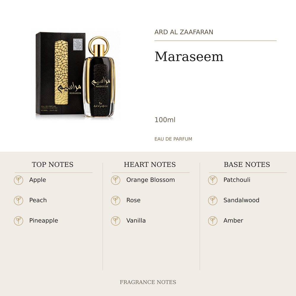 Ard Al Zaafaran Maraseem 100ml fragrance notes. Top: Apple, Peach, Pineapple. Heart: Orange Blossom, Rose, Vanilla. Base: Patchouli, Sandalwood, Amber.