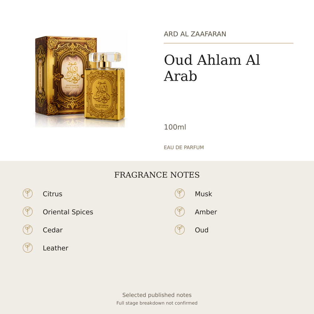 Ard Al Zaafaran Oud Ahlam Al Arab 100ml. Selected published fragrance notes: Citrus, Oriental Spices, Cedar, Leather, Musk, Amber, Oud. Full stage breakdown not confirmed.