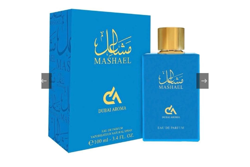 Dubai Aroma Mashael 100ml bottle and packaging, supplied PDF