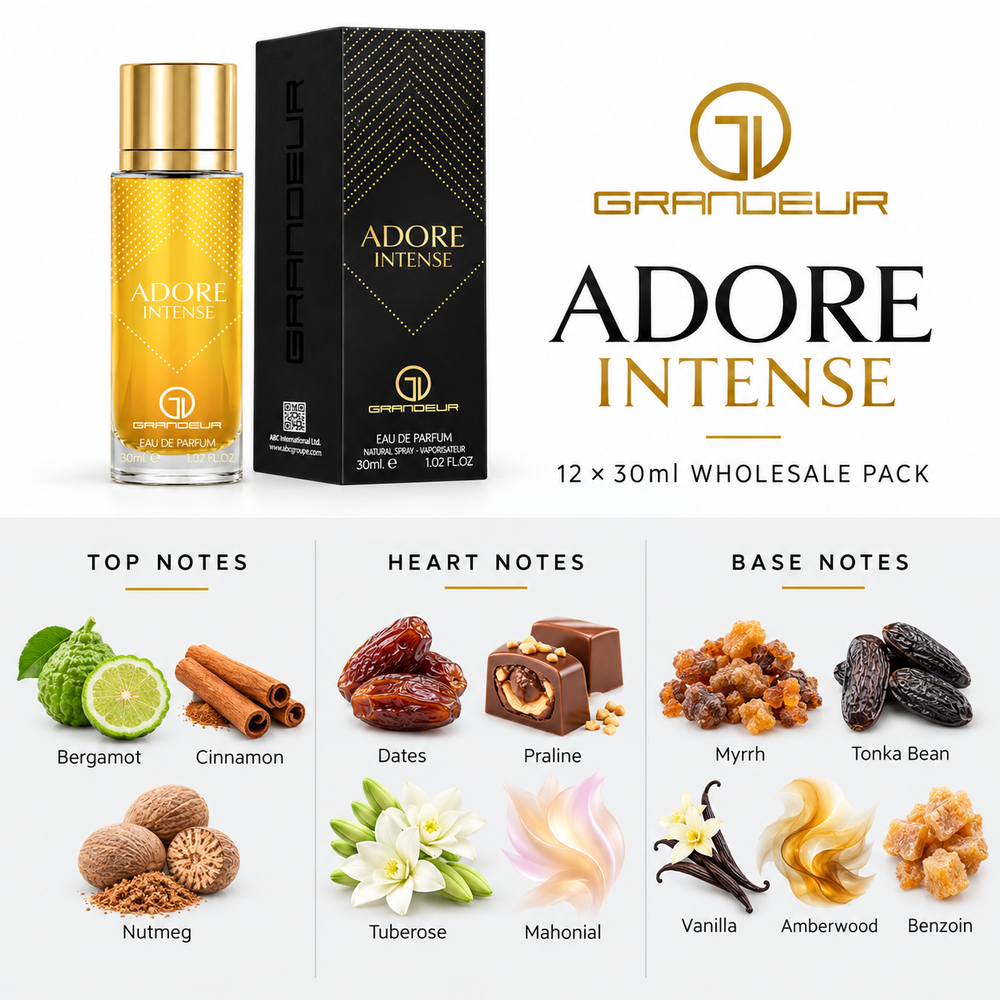 Grandeur Adore Intense — 30ml fragrance notes. Top: Bergamot, Cinnamon, Nutmeg. Heart: Dates, Praline, Tuberose, Mahonial. Base: Myrrh, Tonka Bean, Vanilla, Amberwood, Benzoin.