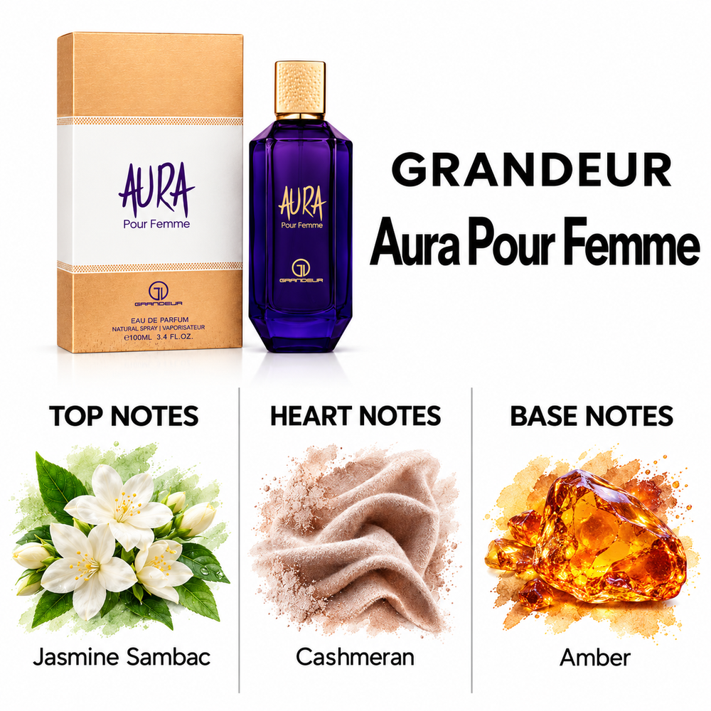 Grandeur Aura Pour Femme fragrance notes. Top: Jasmine Sambac. Heart: Cashmeran. Base: Amber.