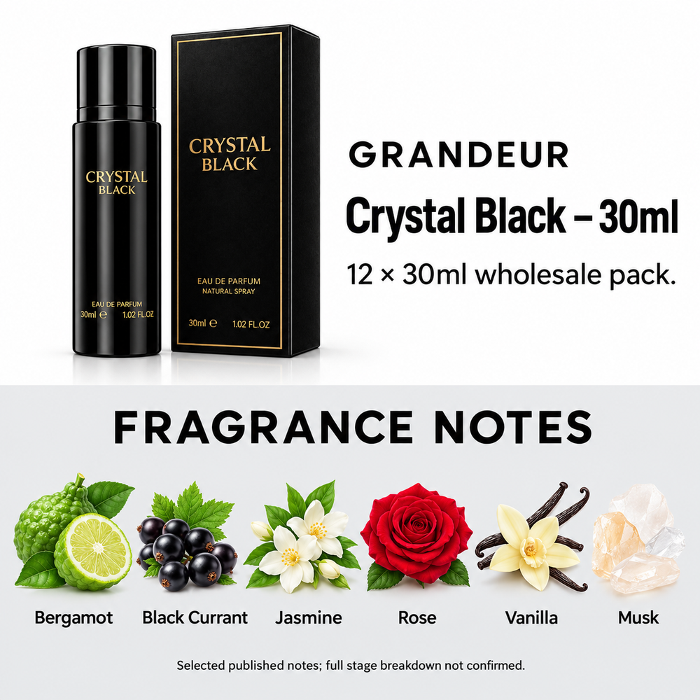Grandeur Crystal Black — 30ml. Selected published fragrance notes: Bergamot, Black Currant, Jasmine, Rose, Vanilla, Musk. Full stage breakdown not confirmed.