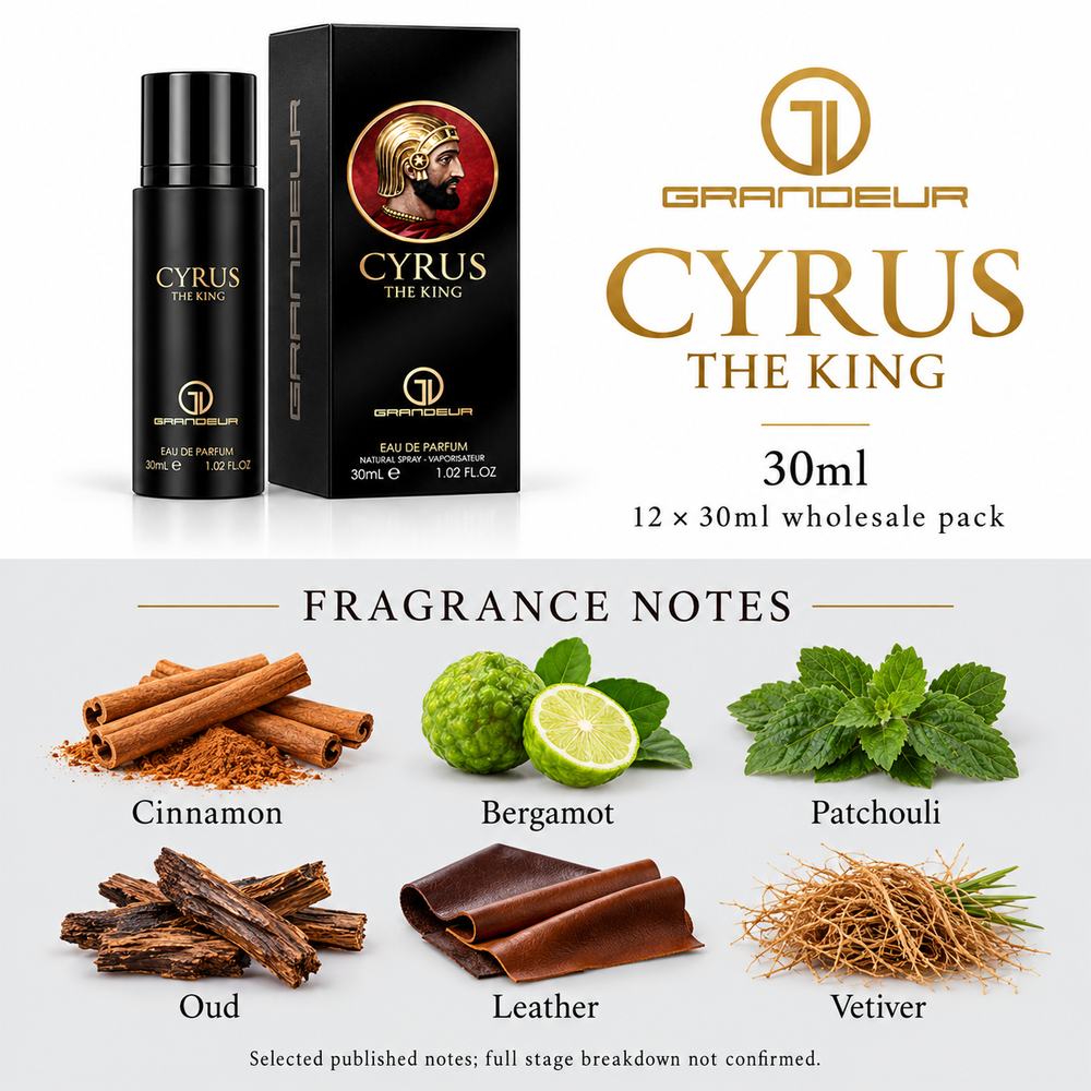 Grandeur Cyrus The King — 30ml. Selected published fragrance notes: Cinnamon, Bergamot, Patchouli, Oud, Leather, Vetiver. Full stage breakdown not confirmed.