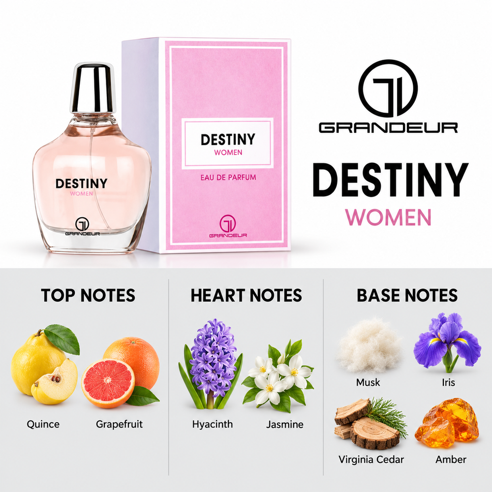 Grandeur Destiny Women fragrance notes. Top: Quince, Grapefruit. Heart: Hyacinth, Jasmine. Base: Musk, Iris, Virginia Cedar, Amber.