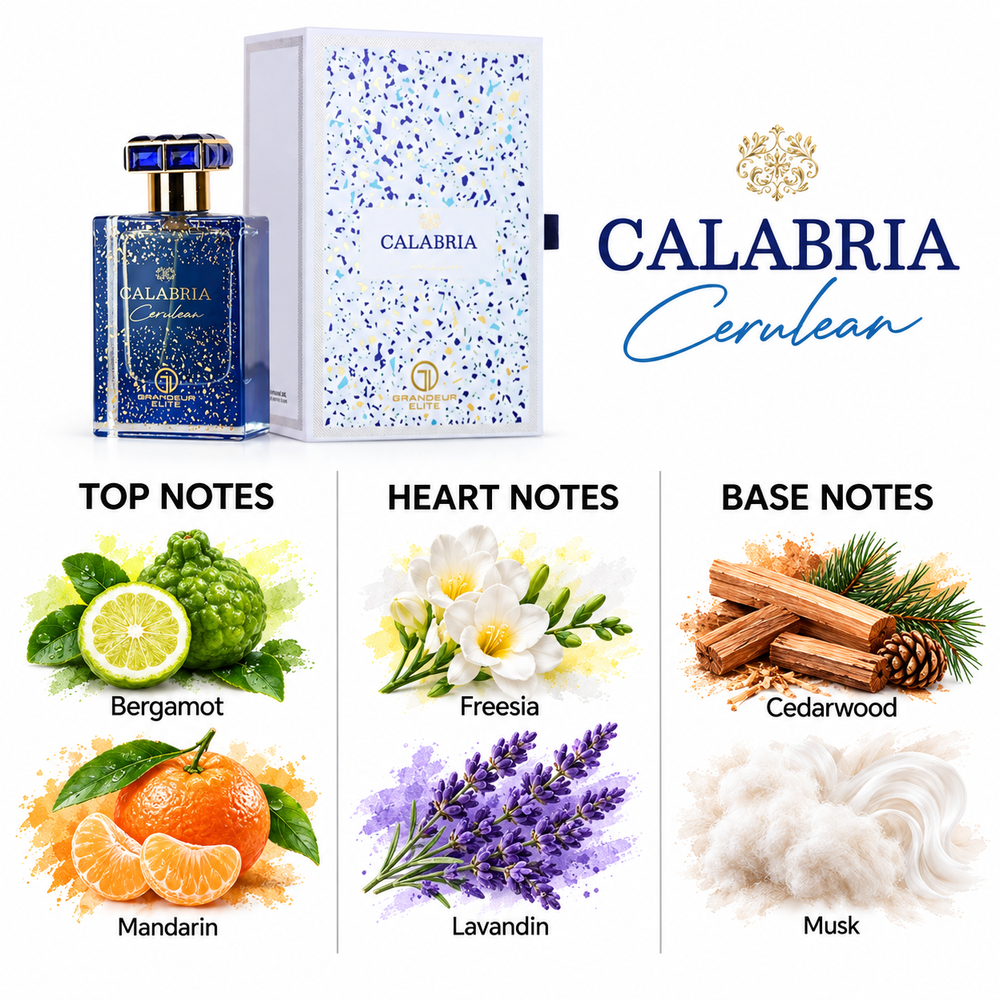 Grandeur Calabria Cerulean fragrance notes. Top: Bergamot, Mandarin. Heart: Freesia, Lavandin. Base: Cedarwood, Musk.