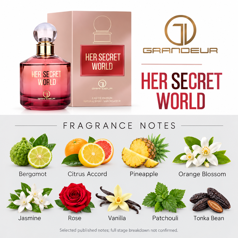 Grandeur Her Secret World. Selected published fragrance notes: Bergamot, Citrus Accord, Pineapple, Orange Blossom, Jasmine, Rose, Vanilla, Patchouli, Tonka Bean. Full stage breakdown not confirmed.