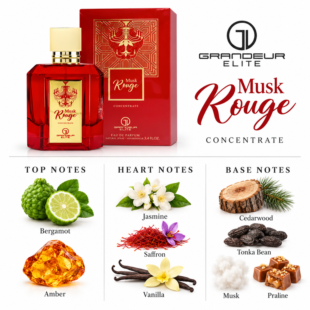 Grandeur Musk Rouge Concentrate fragrance notes. Top: Bergamot, Amber. Heart: Jasmine, Saffron, Vanilla. Base: Cedarwood, Tonka Bean, Musk, Praline.