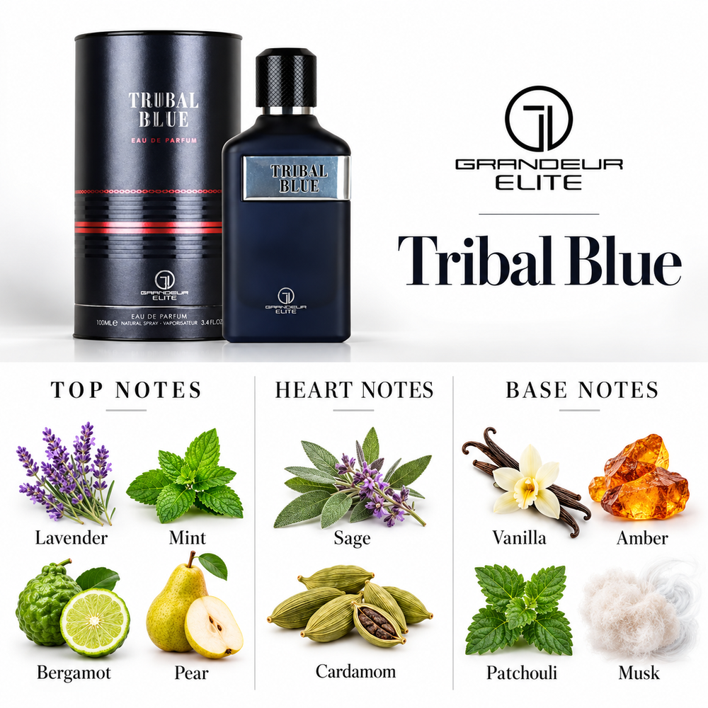 Grandeur Tribal Blue fragrance notes. Top: Lavender, Mint, Bergamot, Pear. Heart: Sage, Cardamom. Base: Vanilla, Amber, Patchouli, Musk.