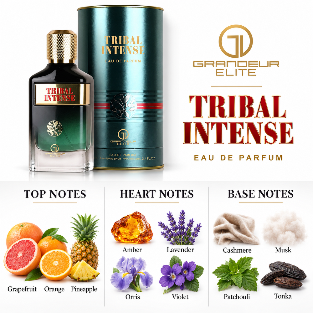 Grandeur Tribal Intense fragrance notes. Top: Grapefruit, Orange, Pineapple. Heart: Amber, Lavender, Orris, Violet. Base: Cashmere, Musk, Patchouli, Tonka.
