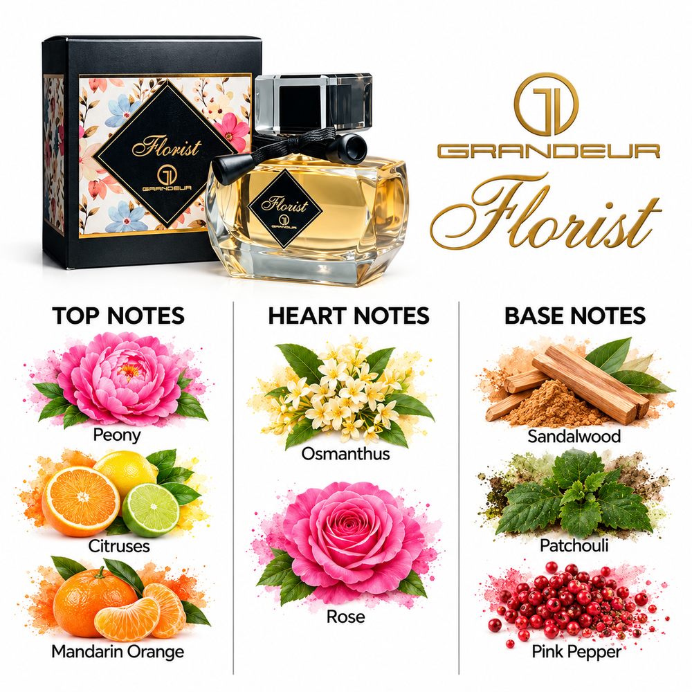 Grandeur Florist fragrance notes. Top: Peony, Citruses, Mandarin Orange. Heart: Osmanthus, Rose. Base: Sandalwood, Patchouli, Pink Pepper.