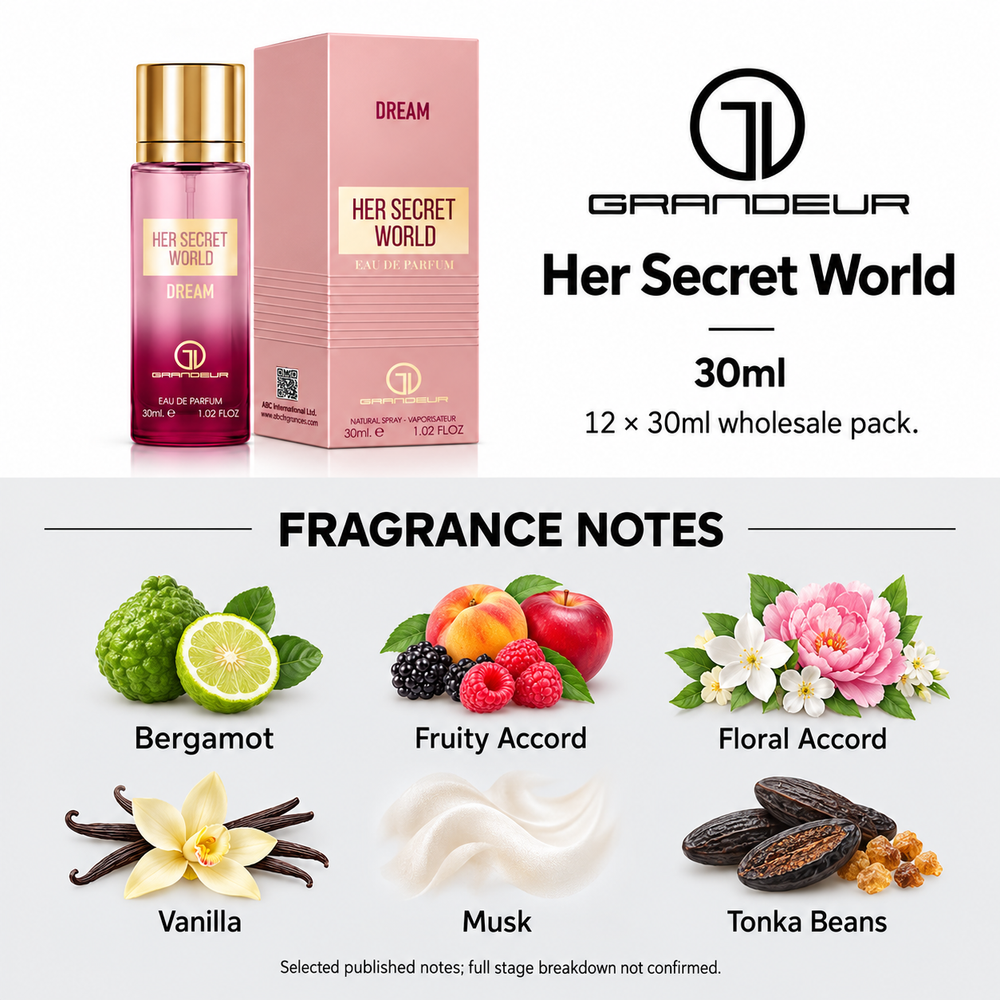 Grandeur Her Secret World — 30ml. Selected published fragrance notes: Bergamot, Fruity Accord, Floral Accord, Vanilla, Musk, Tonka Beans. Full stage breakdown not confirmed.