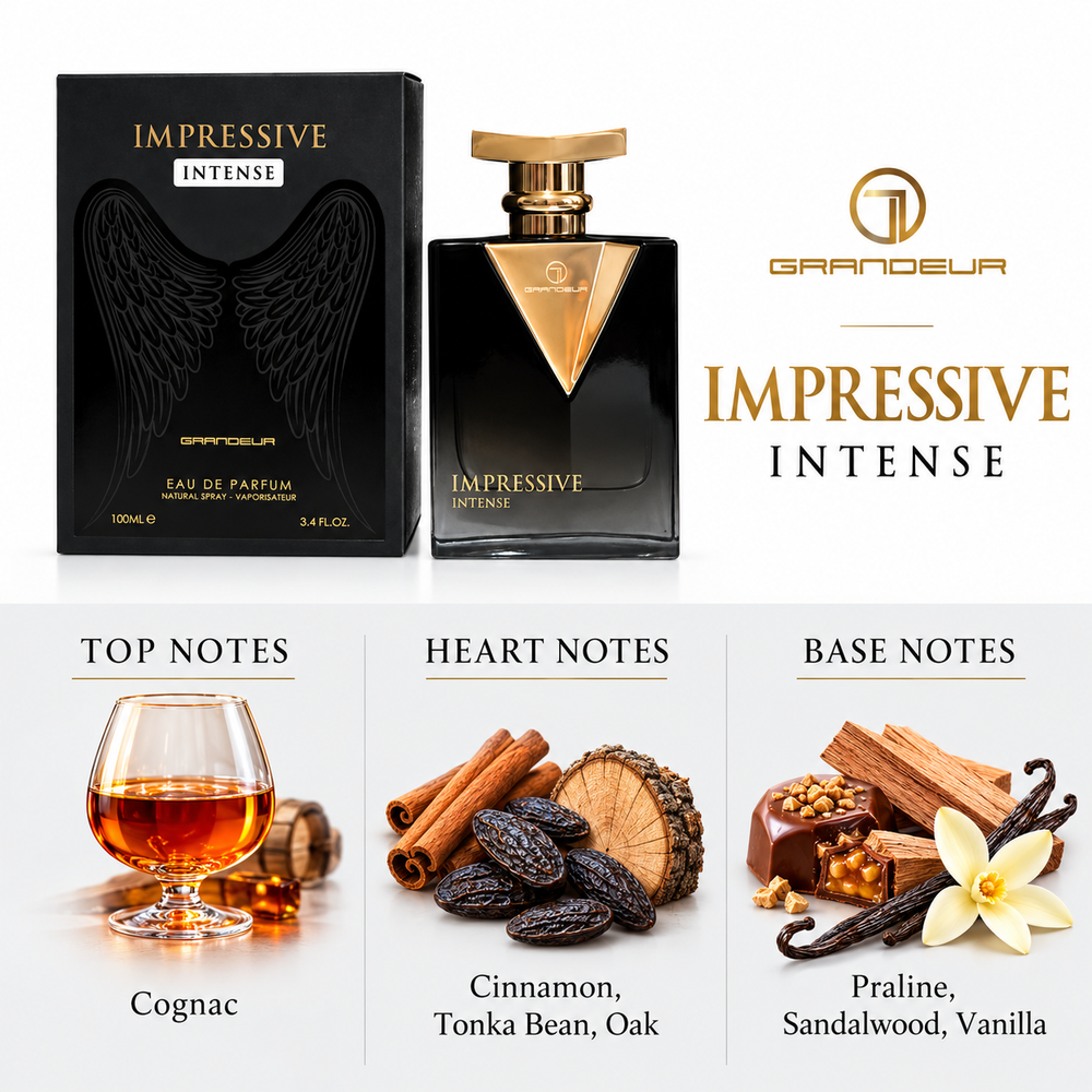 Grandeur Impressive Intense fragrance notes. Top: Cognac. Heart: Cinnamon, Tonka Bean, Oak. Base: Praline, Sandalwood, Vanilla.