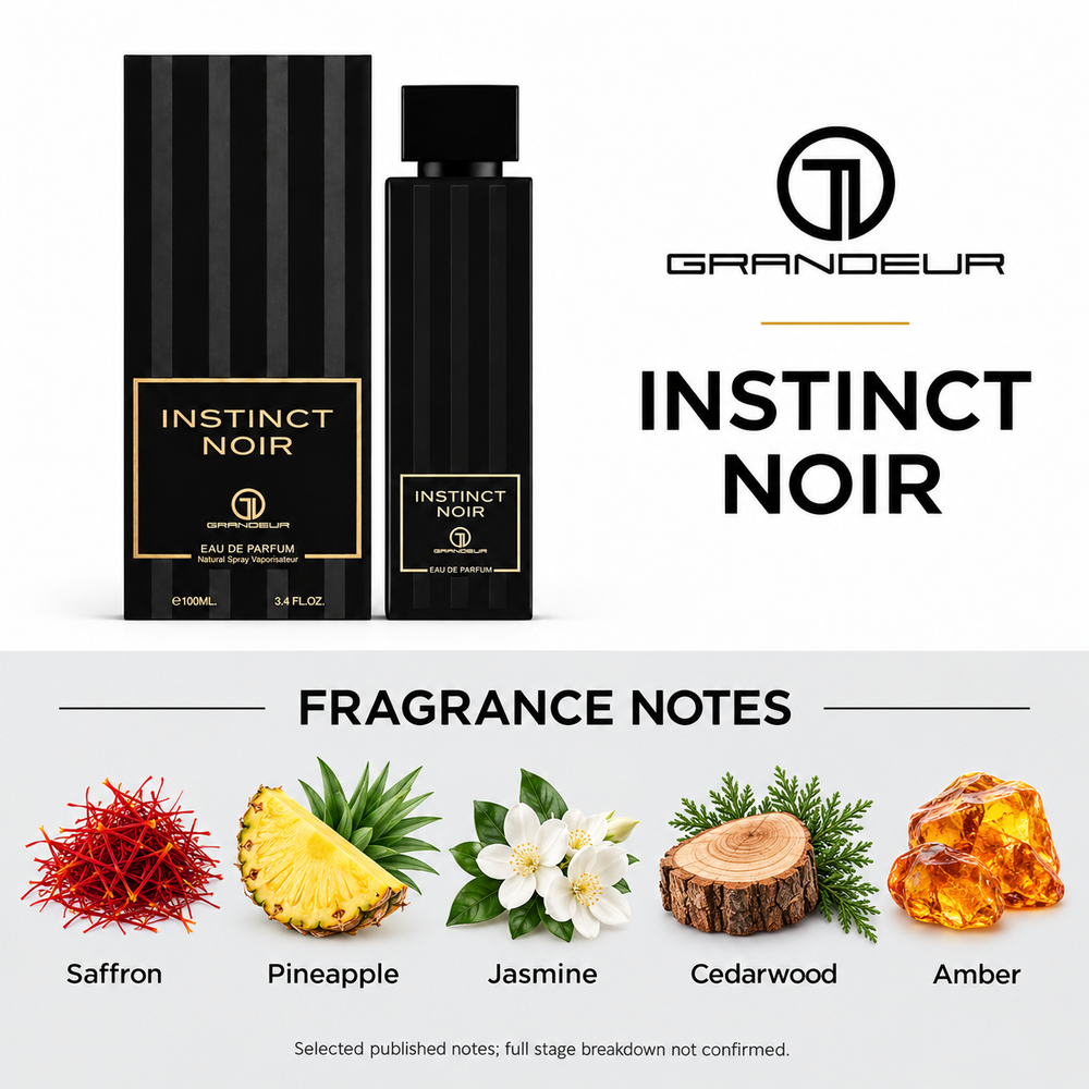 Grandeur Instinct Noir. Selected published fragrance notes: Saffron, Pineapple, Jasmine, Cedarwood, Amber. Full stage breakdown not confirmed.