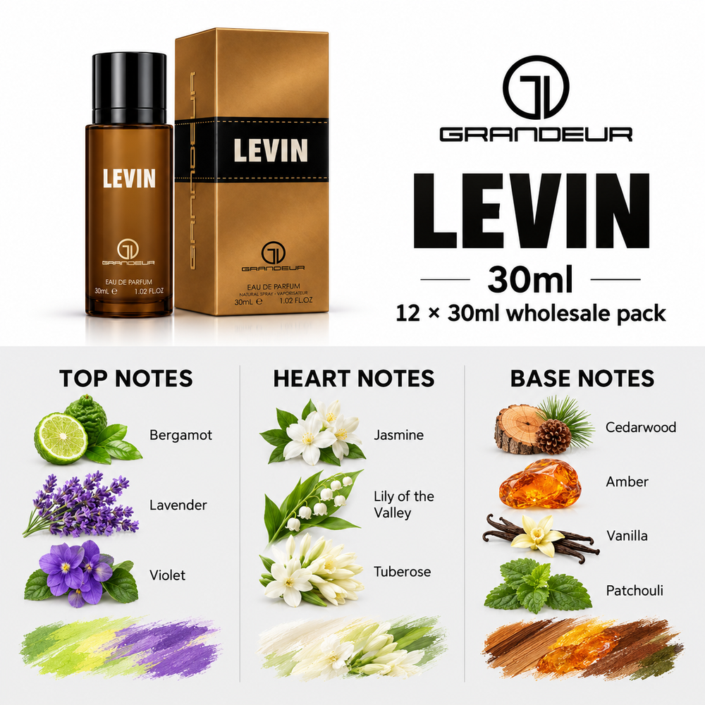 Grandeur Levin — 30ml fragrance notes. Top: Bergamot, Lavender, Violet. Heart: Jasmine, Lily of the Valley, Tuberose. Base: Cedarwood, Amber, Vanilla, Patchouli.