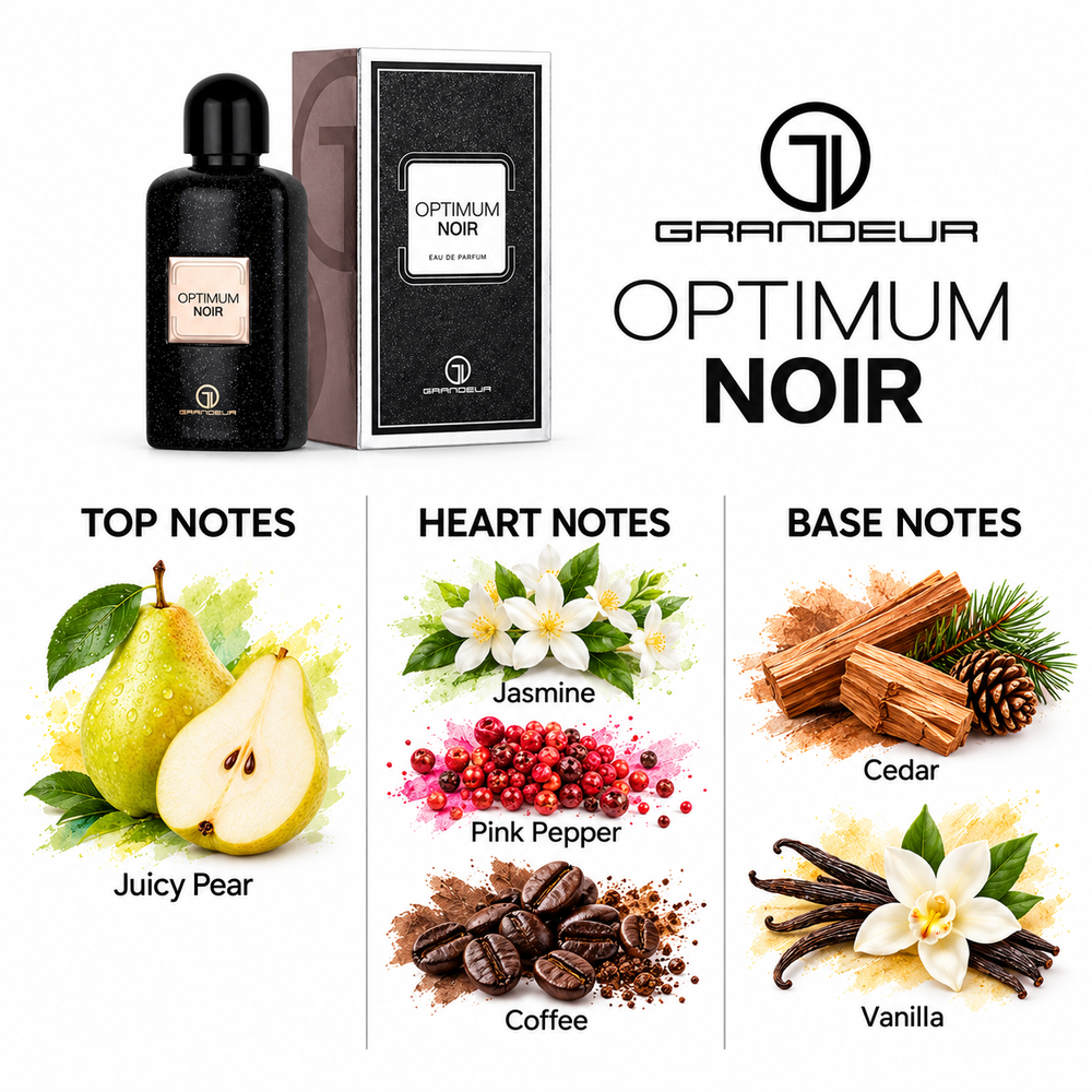 Grandeur Optimum Noir fragrance notes. Top: Juicy Pear. Heart: Jasmine, Pink Pepper, Coffee. Base: Cedar, Vanilla.