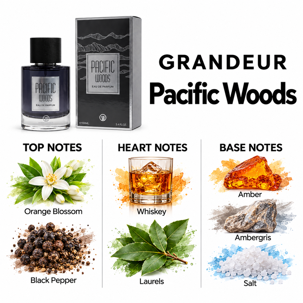 Grandeur Pacific Woods fragrance notes. Top: Orange Blossom, Black Pepper. Heart: Whiskey, Laurels. Base: Amber, Ambergris, Salt.
