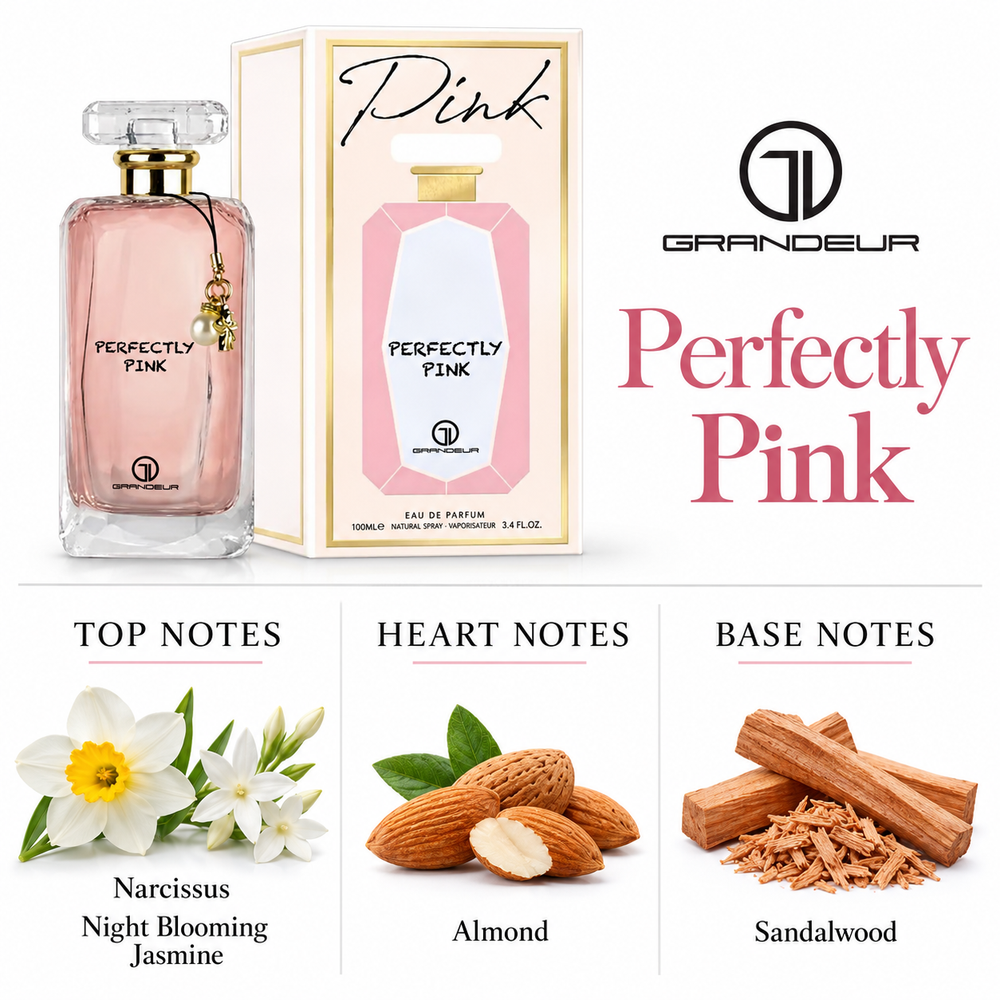 Grandeur Perfectly Pink fragrance notes. Top: Narcissus, Night Blooming Jasmine. Heart: Almond. Base: Sandalwood.