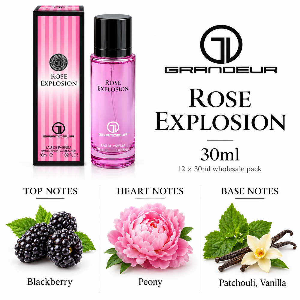 Grandeur Rose Explosion — 30ml fragrance notes. Top: Blackberry. Heart: Peony. Base: Patchouli, Vanilla.