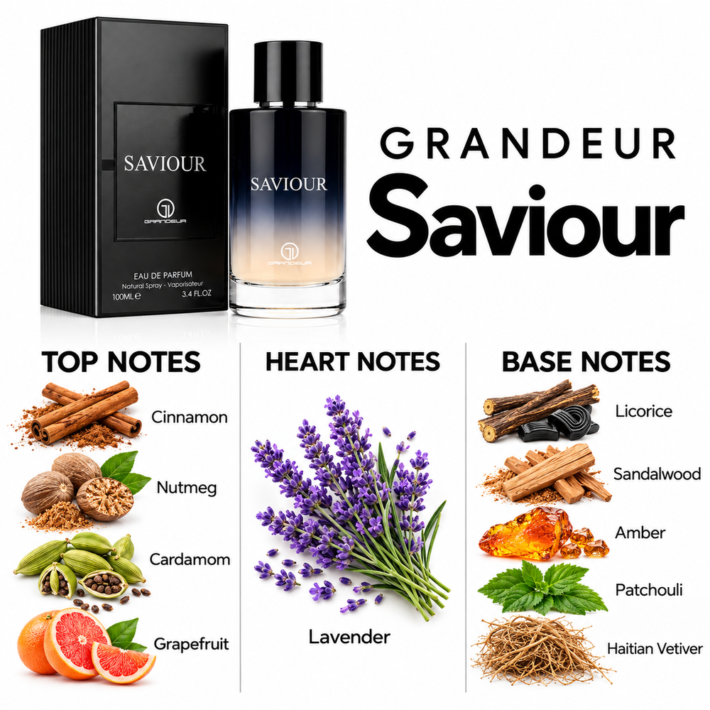 Grandeur Saviour fragrance notes. Top: Cinnamon, Nutmeg, Cardamom, Grapefruit. Heart: Lavender. Base: Licorice, Sandalwood, Amber, Patchouli, Haitian Vetiver.