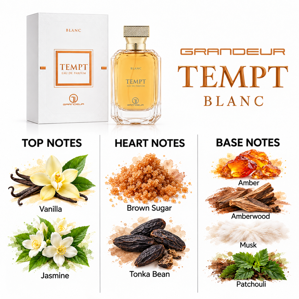 Grandeur Tempt Blanc fragrance notes. Top: Vanilla, Jasmine. Heart: Brown Sugar, Tonka Bean. Base: Amber, Amberwood, Musk, Patchouli.