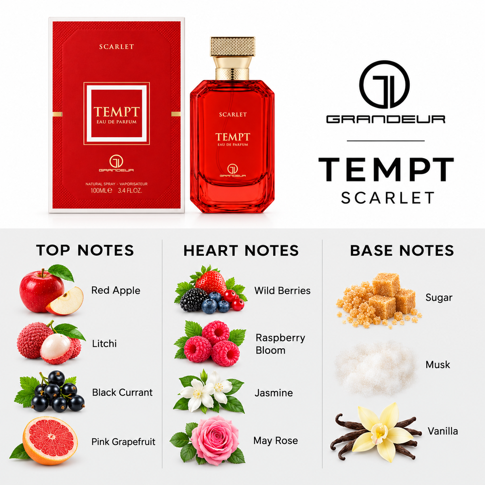Grandeur Tempt Scarlet fragrance notes. Top: Red Apple, Litchi, Black Currant, Pink Grapefruit. Heart: Wild Berries, Raspberry Bloom, Jasmine, May Rose. Base: Sugar, Musk, Vanilla.