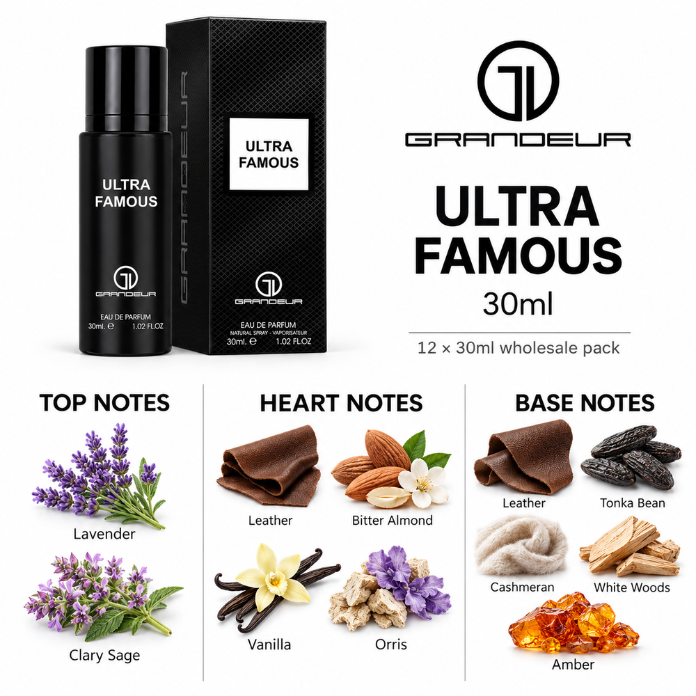 Grandeur Ultra Famous — 30ml fragrance notes. Top: Lavender, Clary Sage. Heart: Leather, Bitter Almond, Vanilla, Orris. Base: Leather, Tonka Bean, Cashmeran, White Woods, Amber.
