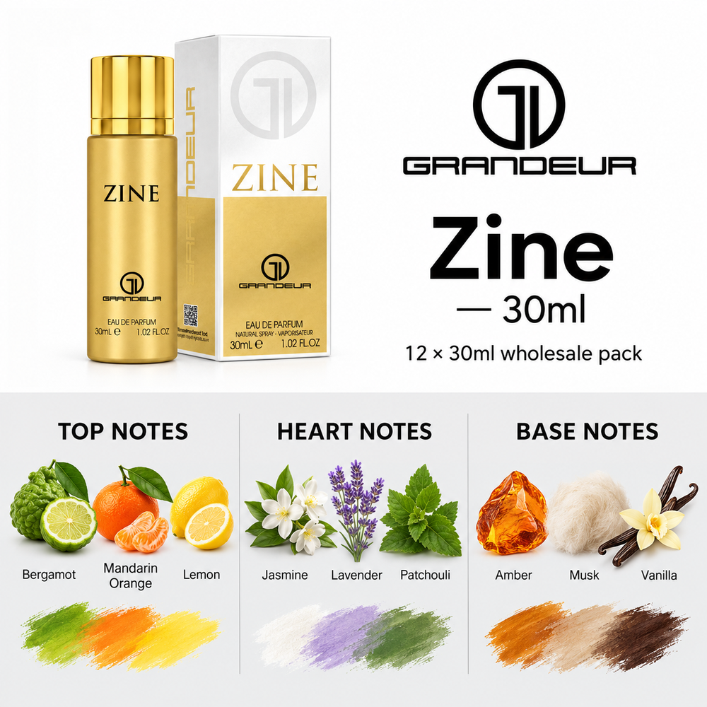 Grandeur Zine — 30ml fragrance notes. Top: Bergamot, Mandarin Orange, Lemon. Heart: Jasmine, Lavender, Patchouli. Base: Amber, Musk, Vanilla.