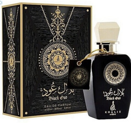 Khalis Black Oud bottle and matching package