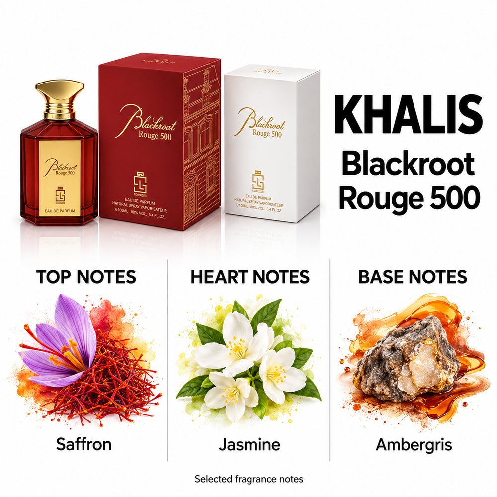 Khalis Blackroot Rouge 500 — selected top, heart and base fragrance notes