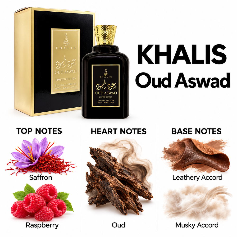 Khalis Oud Aswad — top, heart and base fragrance notes