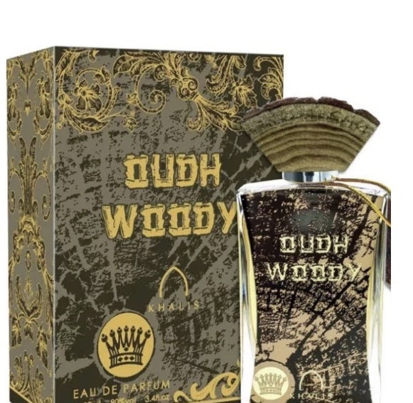 Khalis Oudh Woody 100ml bottle and packaging