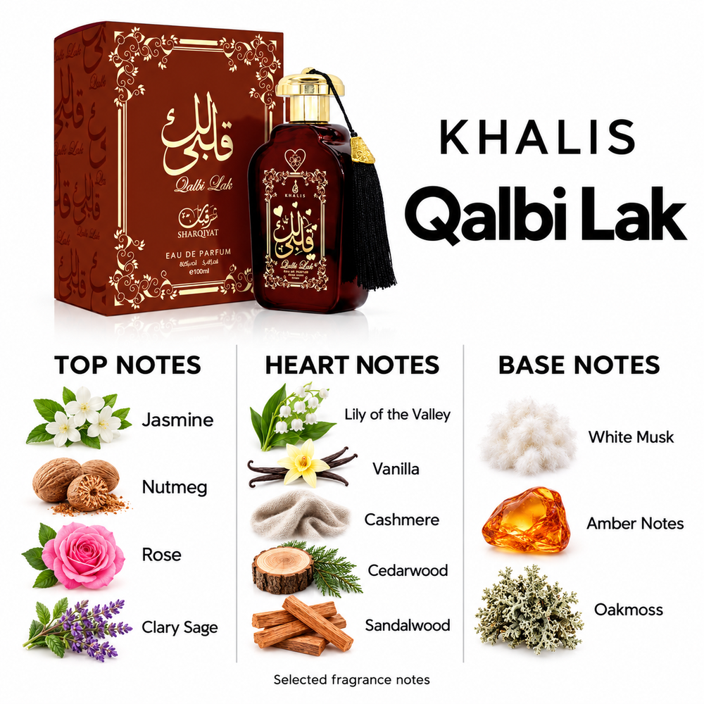 Khalis Qalbi Lak — selected top, heart and base fragrance notes