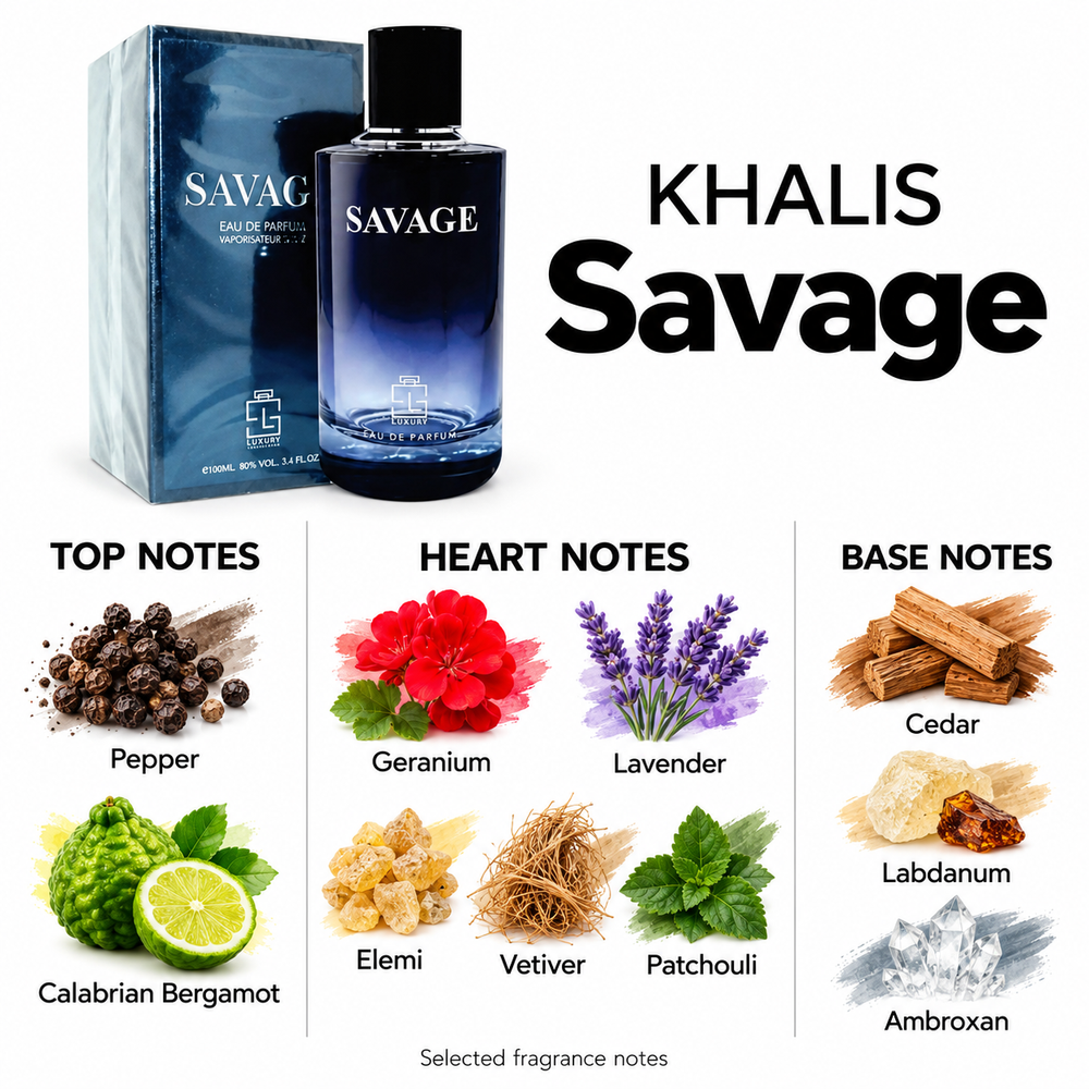 Khalis Savage — selected top, heart and base fragrance notes
