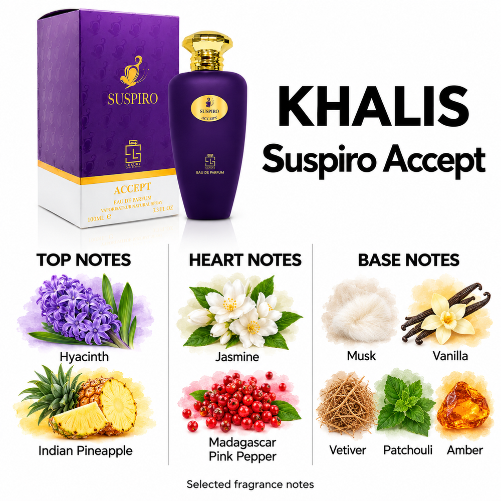 Khalis Suspiro Accept — selected top, heart and base fragrance notes