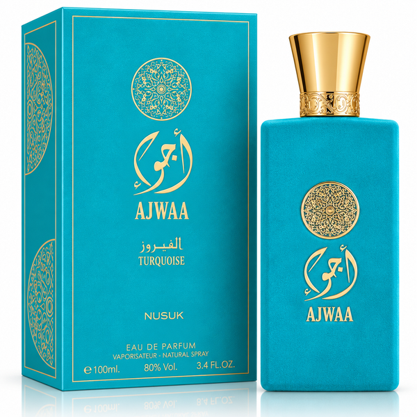 Nusuk Ajwa Turquoise – 100ml bottle and box