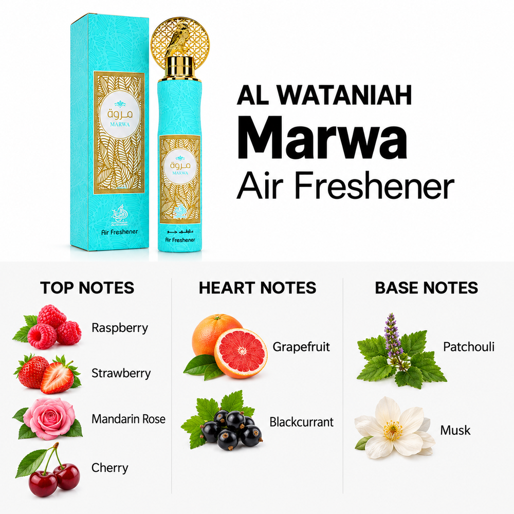 Al Wataniah Marwa Air Freshener — top, heart and base fragrance notes