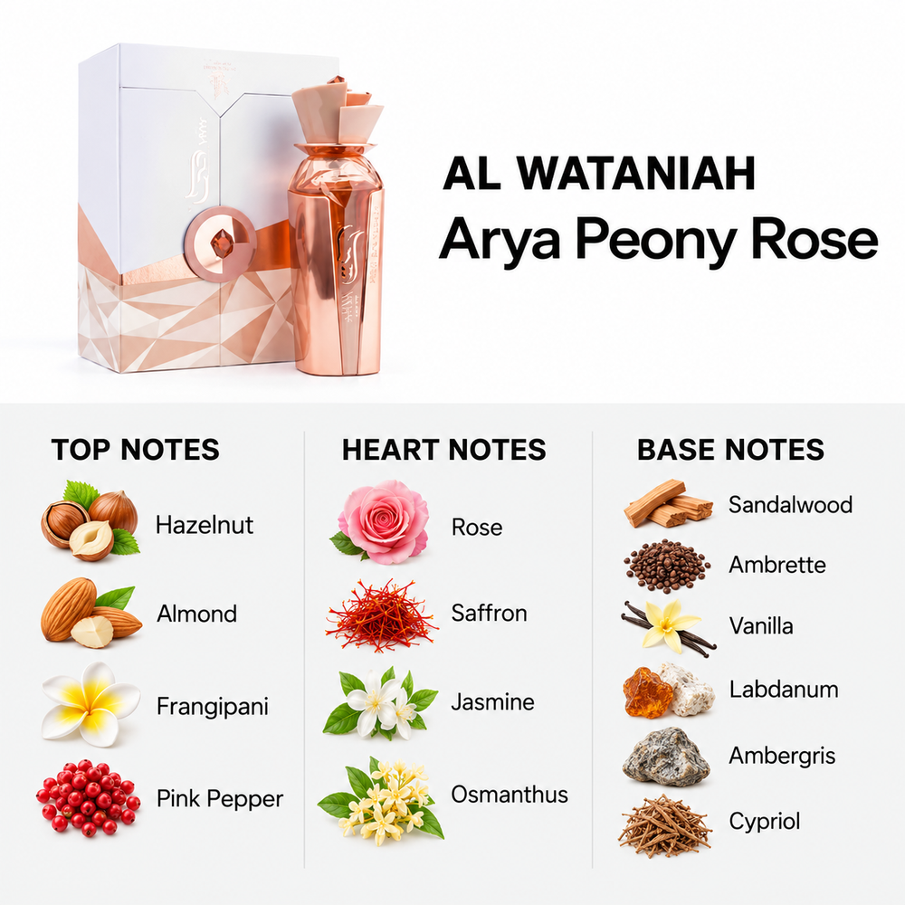 Al Wataniah Arya Peony Rose 100ml — top, heart and base fragrance notes