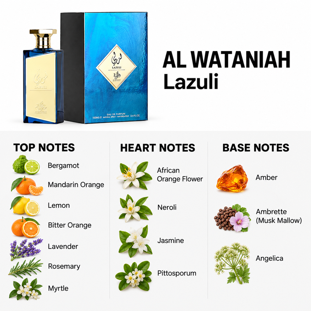 Al Wataniah Lazuli 100ml — top, heart and base fragrance notes