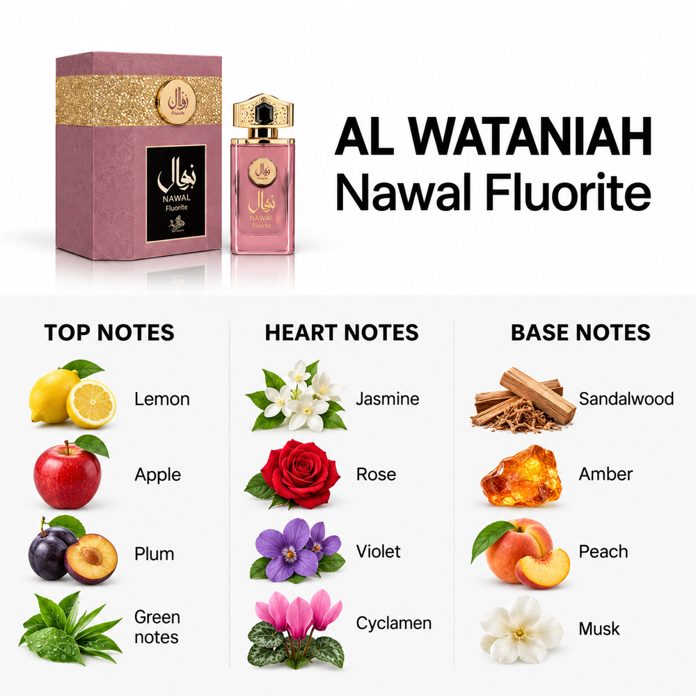 Al Wataniah Nawal Fluorite 100ml — top, heart and base fragrance notes
