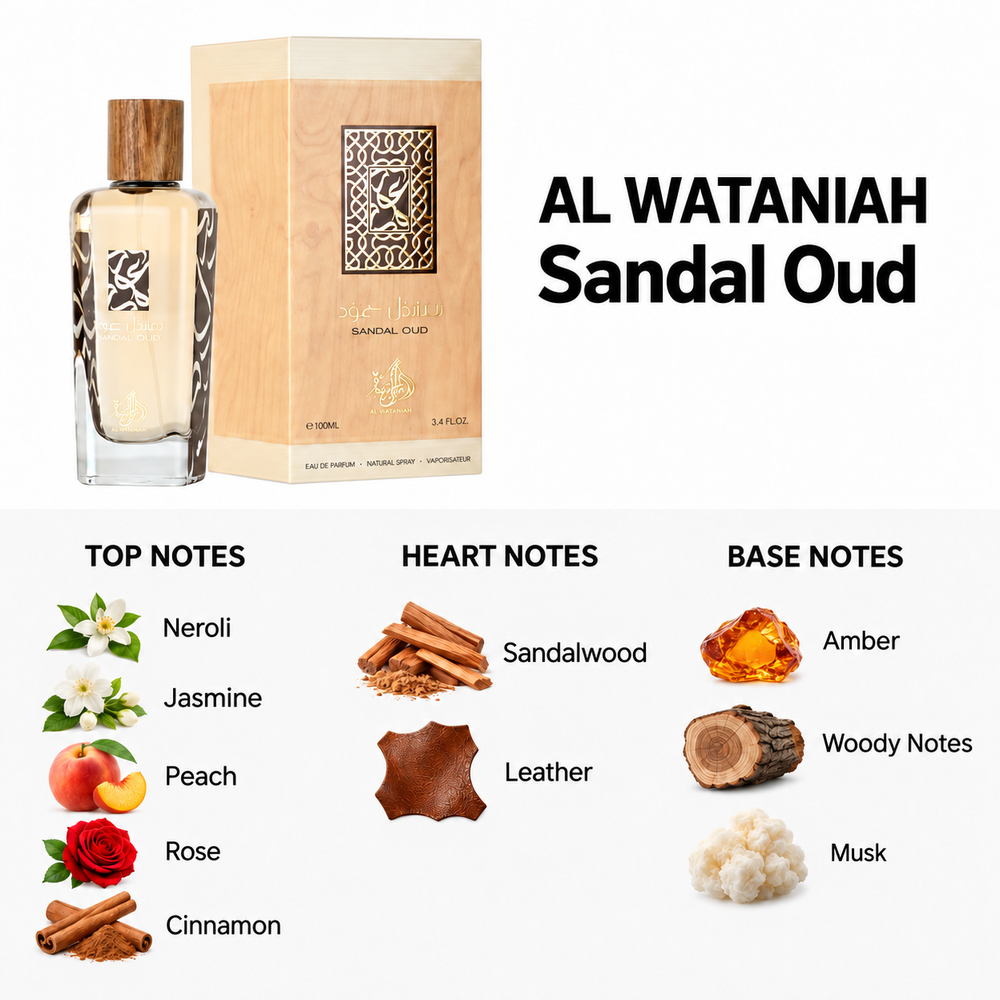 Al Wataniah Sandal Oud — top, heart and base fragrance notes