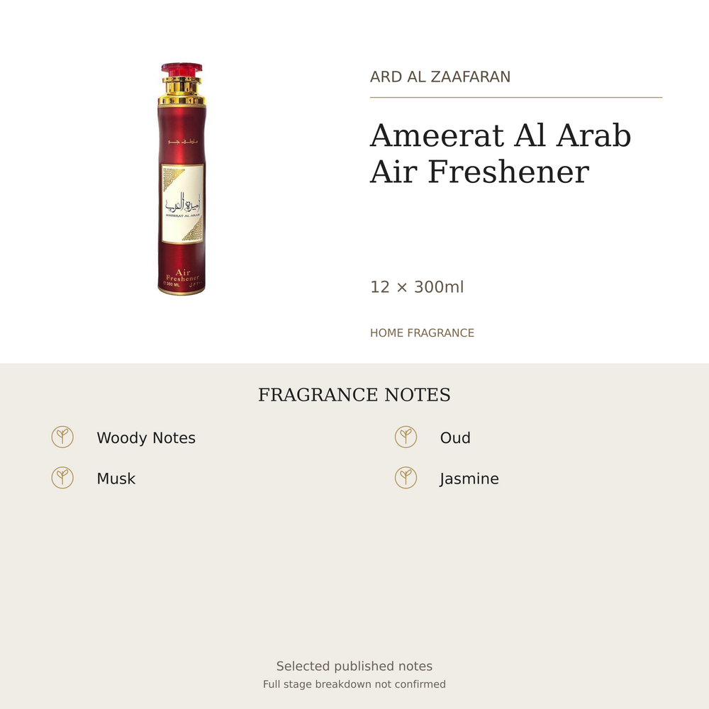 Ard Al Zaafaran Ameerat Al Arab Air Freshener 12 × 300ml. Selected published fragrance notes: Woody Notes, Musk, Oud, Jasmine. Full stage breakdown not confirmed.
